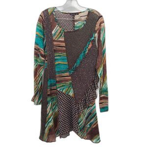 DorDor Couture Tunic Top Dress Large Mix Print Patchwork Retro Neutral